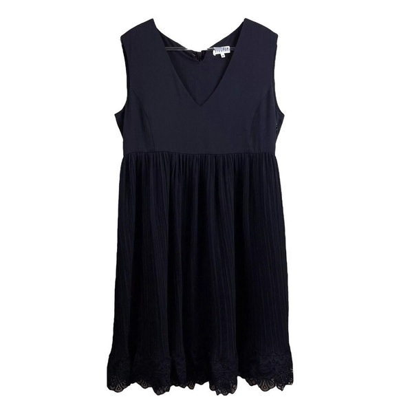 Claudie Pierlot Babydoll Pleated Crepe Lace Trim Tie Dress Black Size 38 US 6 - Picture 2 of 9